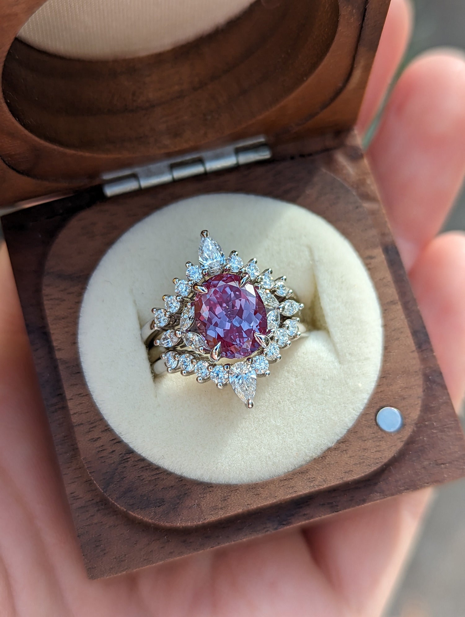 Lab grown Alexandrite Engagement ring with Marquise Diamond accents in platinum